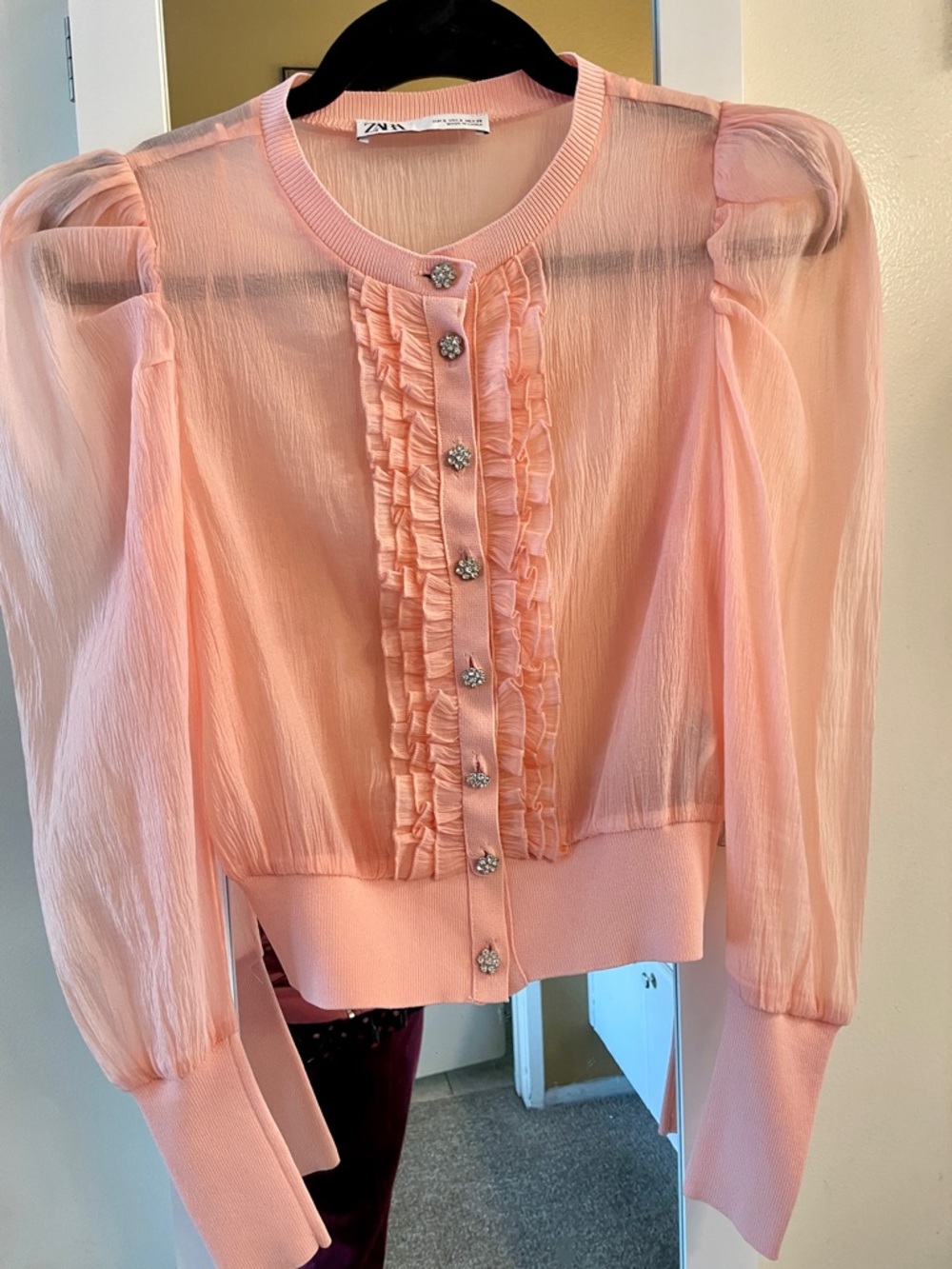 Zara Pink Sheer Ruffle Cardigan with Jewel Buttons